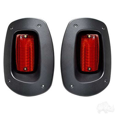 Red Hawk OEM taillights for EZGO RXV golf carts, weatherproof and easy to install, shown on a vehicle in the image.