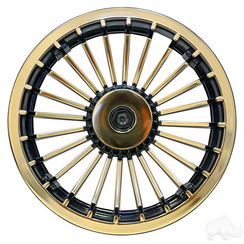 Red Hawk 8-inch turbine wheel cover in black and gold, designed for auto enthusiasts, showcasing a sleek, premium upgrade for vehicle wheels.