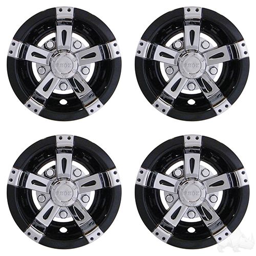 Red Hawk RHOX 8-inch Vegas chrome black wheel covers for cars and SUVs, set of four, with protective premium design.