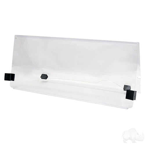 Redhawk EZGO RXV two-piece clear windshield installed on golf cart, suitable for models 2008 and up.