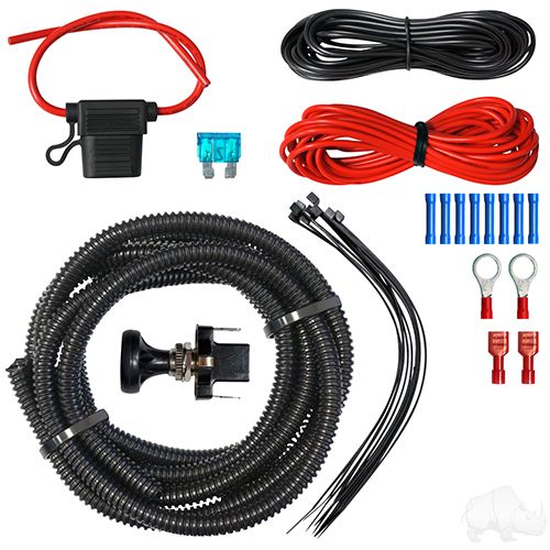 Red Hawk LED wiring kit for golf carts with push-pull switch, durable automotive lighting installation, includes wiring components.