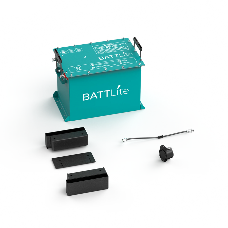 ROYPOW BATTLite lithium battery conversion kit for EZGO RXV golf cart, 51.2V 100Ah, with Bluetooth monitoring.