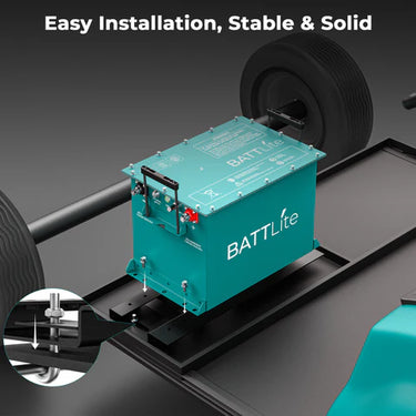 RoyPow BATTLite Lithium Battery Conversion Kit for EZGO RXV, 51.2V 100Ah, featuring Bluetooth monitoring capabilities.