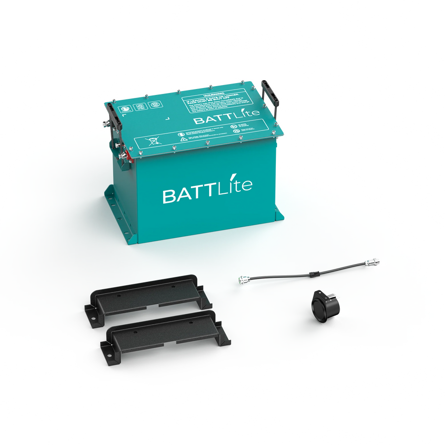 ROYPOW BATTLite lithium battery conversion kit for Yamaha golf carts, featuring Bluetooth monitoring and 51.2V 100Ah capacity.