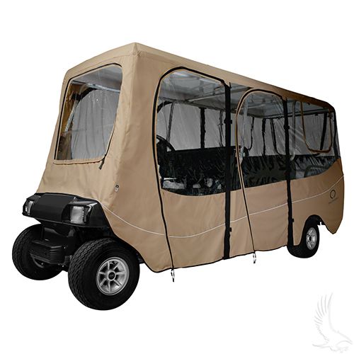 Redhawk Red Hawk Deluxe golf cart enclosure for 6 passengers, sand color, weather-resistant, fits tops up to 126 inches.