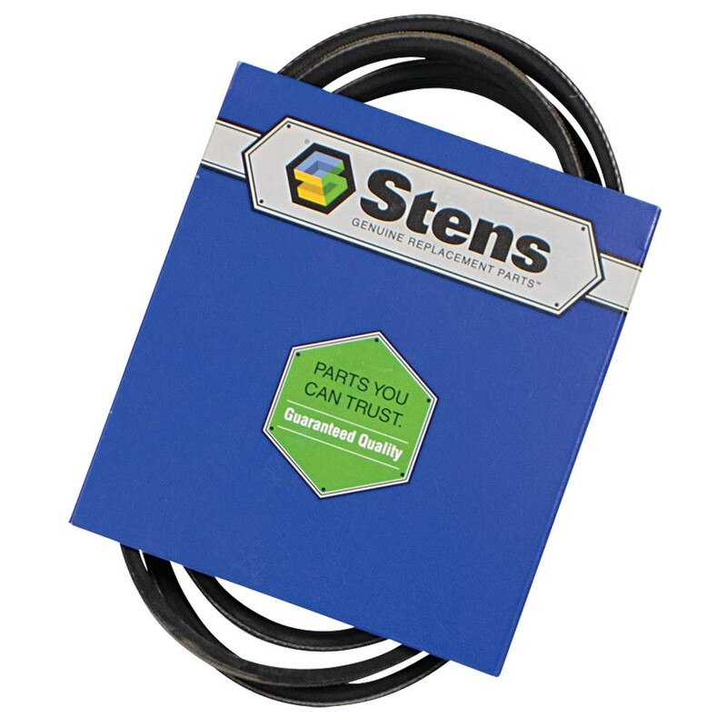 Stens 265-183 OEM belt for Exmark lawn mower, durable replacement part, shown in close-up with brand and product details.