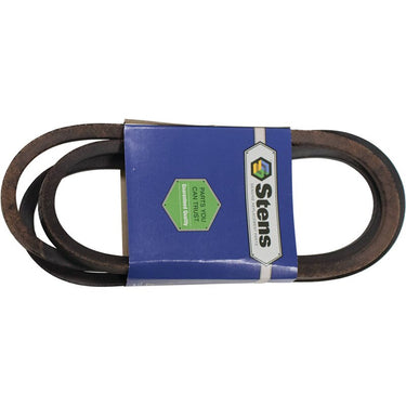 Stens OEM belt for SCAG mowers, durable replacement part, showing the black heavy-duty lawn mower belt with branding details