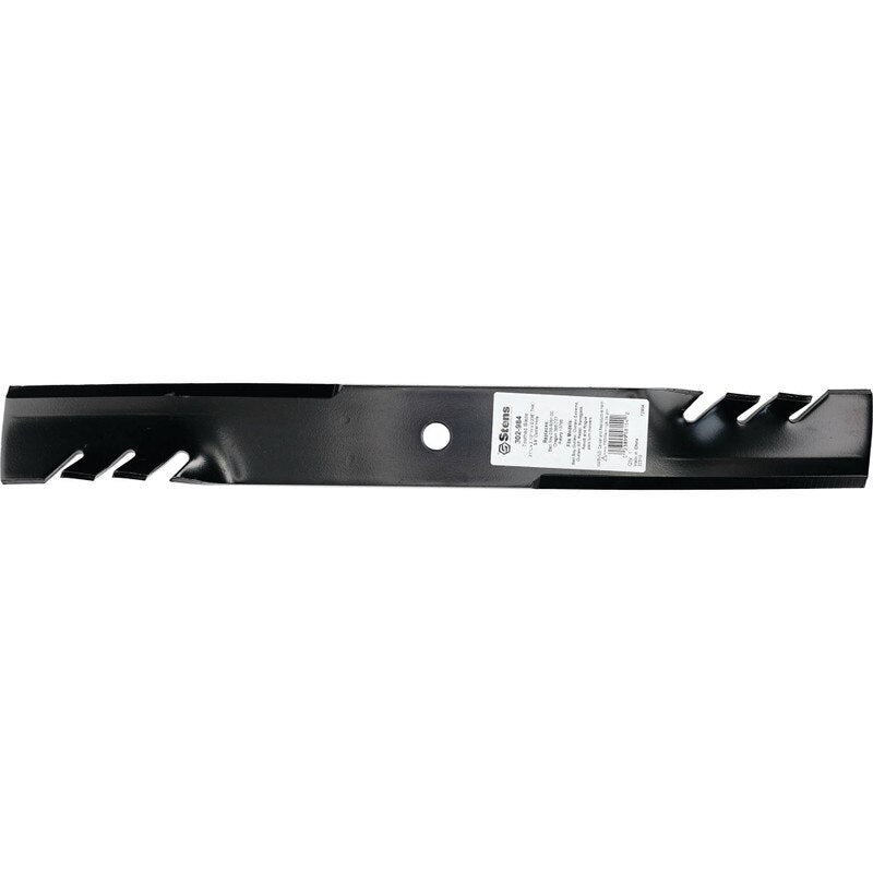 Stens 302984 toothed lawn mower blade showing sharp cutting edge and durable metal construction for high performance mowing.
