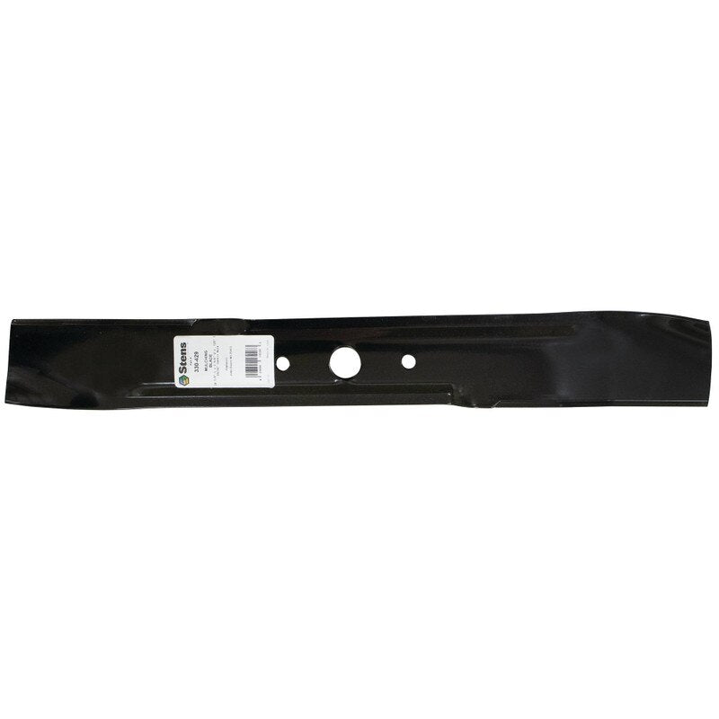 Stens mulching blade 330-429 for John Deere mower, featuring sharp cutting edges and durable metal construction.