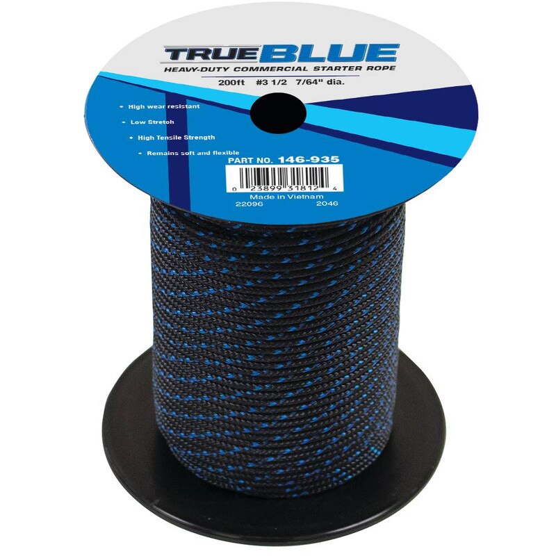 Stens TrueBlue 200 Premium Starter Rope, 3.5 inches solid braid, durable lawn mower starter rope, blue color, close-up view