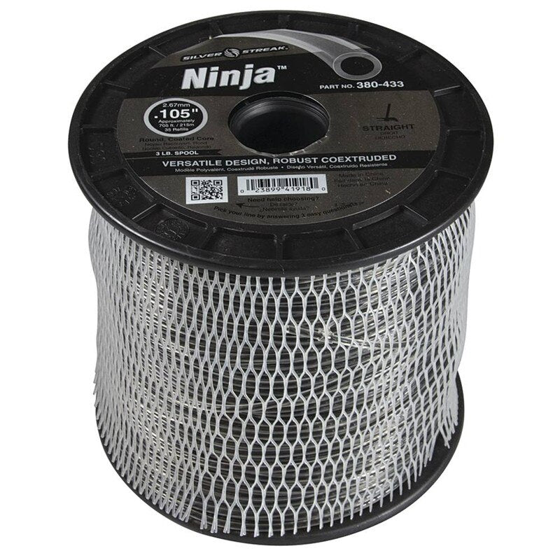 Stens Silver Streak Trimmer Line Ninja 105 gauge 3lb spool for professional landscaping, shown on spool with silver-colored line