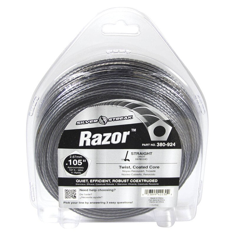Stens Silver Streak Razor Trimmer Line 0.105 inch diameter for professional and homeowner grass trimming, shown in a donut-shaped spool