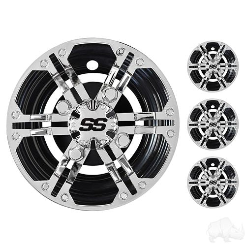 Set of four Redhawk Red Hawk CAP0061 8-inch Daytona chrome wheel covers for cars, featuring a sleek, shiny finish.